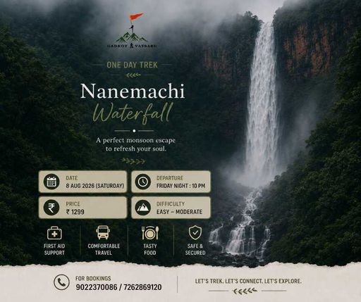 NANEMACHI WATERFALL TREK π§οΈπ
This monsoon, escape into the heart of the Sahyadris! πΏβ¨
Witness the majestic Nanemachi Waterfall, where misty forests and cascading waters create the perfect monsoon escape. πΏβοΈ
π
Date: Sat, 08 August 2026
π Departure